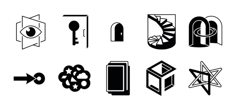 Set of ten black and white abstract icons representing concepts like paradox, opportunity, creativity, and perception in a minimalist geometric vector style