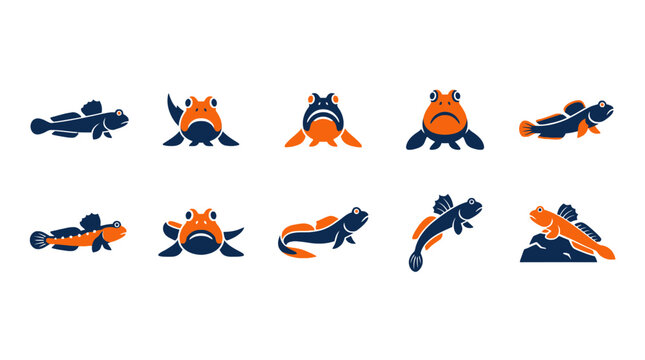 Set of stylized mudskipper fish icons in orange and blue