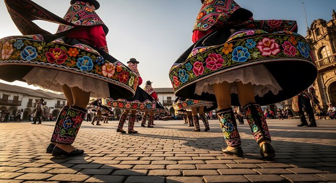 Low angle view of traditional Andean dancers spinning in Cusco plaza Peru.