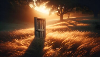 Fototapeta premium Solitary wooden door standing in golden grass at sunset