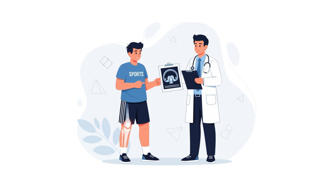 Doctor Consults Athlete with Knee Injury, Showing X-ray Scan - Sports Medicine Concept Illustration