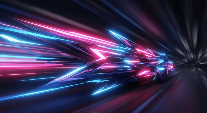 Sleek abstract car-like shape accelerating with neon light trails. Futuristic vehicle concept for digital motion and speed.