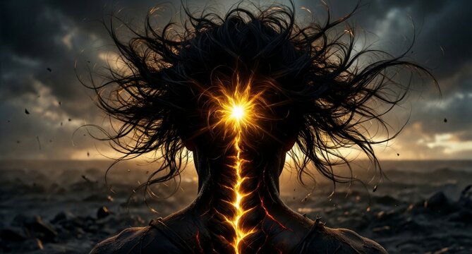 Fiery Hair Silhouette Glowing Energy Portrait Dark Fantasy Stormy Sky