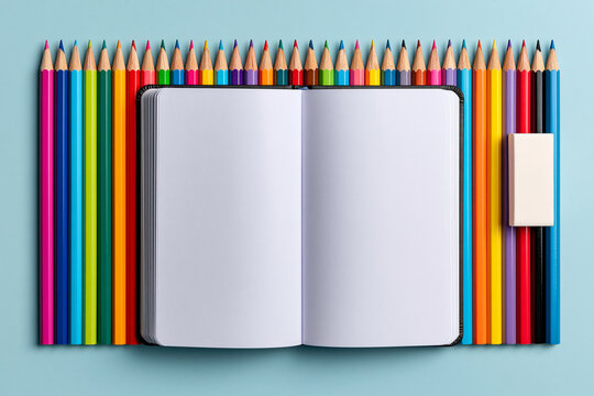 Vue de dessus de fournitures scolaires sur fond bleu pastel. Un cahier ouvert aux pages blanches offre un espace d'&eacute;criture, pos&eacute; sur des crayons de couleur en bois et une gomme blanche