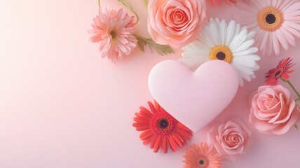 Obraz premium Pink heart creating copy space surrounded by vibrant red pink roses and gerbera flowers love and appreciation symbolizing