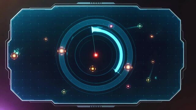 Animation sci-fi of a radar system interface detecting multiple targets in a futuristic style.