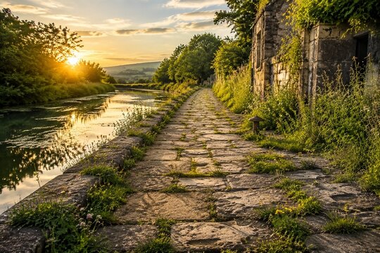 Weathered stone slabs of an abandoned canal towpath with wildflowers in golden light.