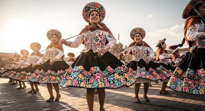 Traditional Peruvian dancers performing in colorful ethnic clothing during a cultural festival in Cusco Peru.