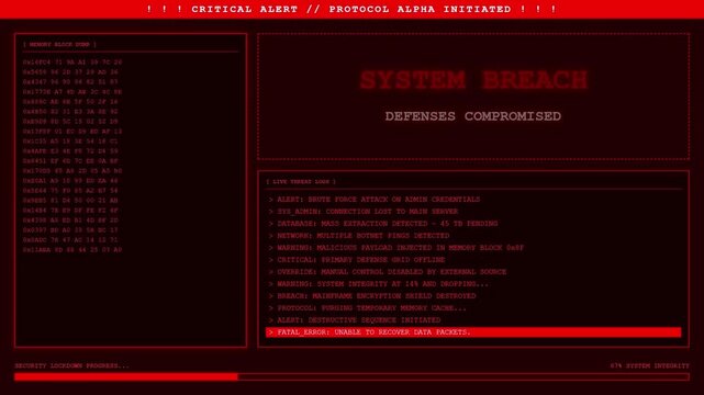 System Breach Defenses Compromised Data Extraction Cyber Attack Animation.