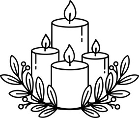 Fototapeta premium Four lit candles with festive foliage, simple outline illustration for holidays and celebrations.