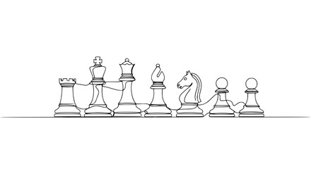 Continuous line drawing of chess pieces, strategic game, minimalist art, board game concept. © Wachidatun