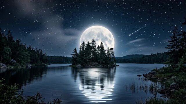 Full moon over a small forest island in a calm lake at night with a shooting star in the starry sky 4k video