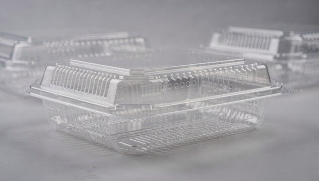 Medium frame of vented thermoformed clamshell salad boxes focusing on heated plastic shaping and ventilation slots for breathable food packaging solutions.