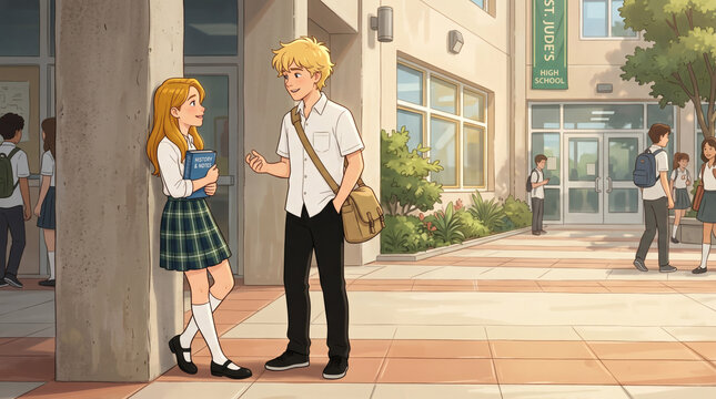 Students Conversing Outside St Jude s High School Vector Illustration