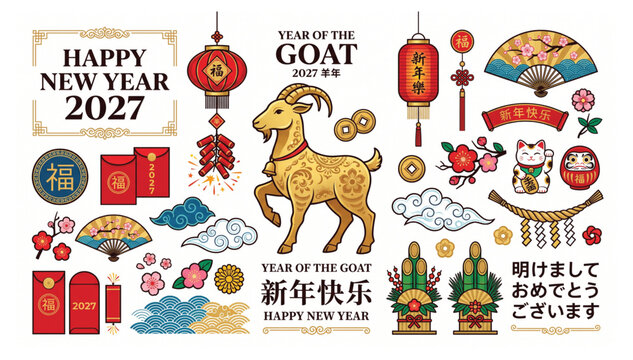 2027 lunar new year of the goat vector set with red envelopes fans and decorative floral accents illustration envelope celebration traditional oriental decorative festival prosperity