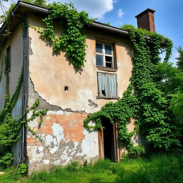 Abandoned building with peeling facade, overgrown with vines, decay, urban landscape