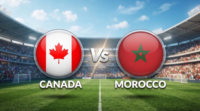Canada vs morocco soccer match graphic with national flags in a stadium