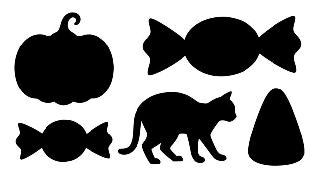 Halloween pumpkin candy cat corn silhouettes on white background for seasonal design