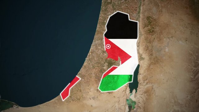 Palestine map with national flag overlay on satellite terrain background animation.