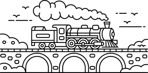Vintage steam locomotive railway train traveling on an arched stone bridge viaduct, black and white coloring page for children and engine and old © Pappu0099