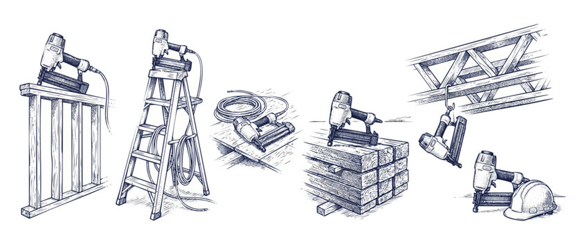 Framing nailer illustration set construction tool sketches showing pneumatic nail gun with hard hat, ladder, lumber, and trusses in vintage hand drawn woodcut style for carpentry and house projects.