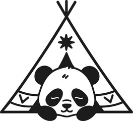Cute Panda Bear Sleeping in Teepee Tent, Party Hat, Kawaii Style Illustration © dinny