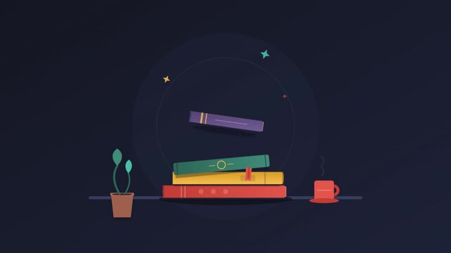 Stack of colorful books with a small potted plant on a dark background.