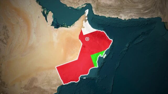 Oman map with national flag overlay on satellite terrain background animation.