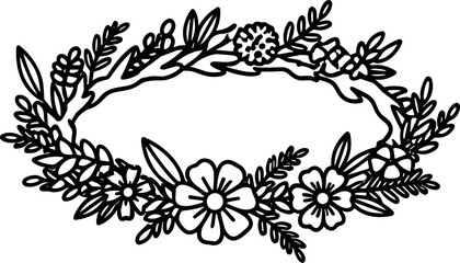 Fototapeta premium Floral Wreath Outline Vector - Hand-Drawn Decorative Border with Flowers and Leaves