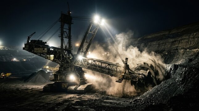 Excavator Digging Coal at Night in Open Pit Mine with Dramatic Lighting