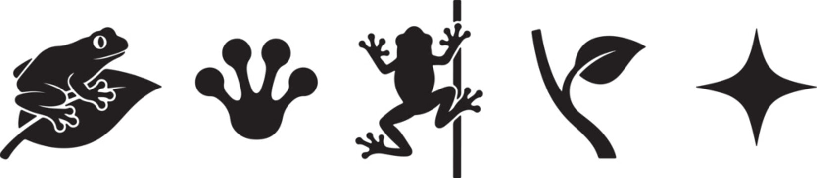 Silhouette of frog sitting on leaf, starburst, leaf, twig, frog climbing on branch, animal paw print
