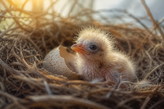 A newly hatched downy chick resting in a large nest in soft morning light.