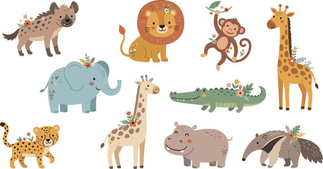 Cute safari animals vector collection set featuring cartoon lion giraffe elephant cheetah and hippo with floral crowns flat design © Sumaiya Akter Sweety