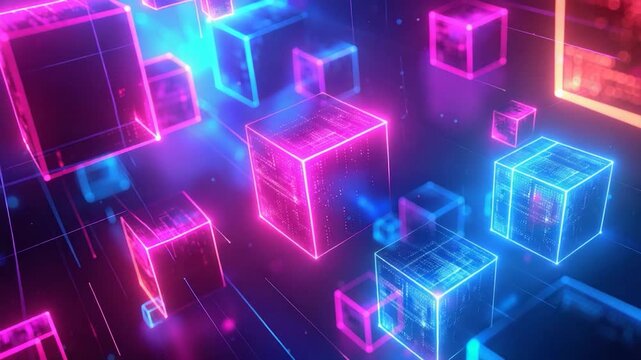Glowing, digital cubes float in a vibrant, neon lit, dark space