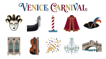 Venice Carnival Elements Collection with Traditional Masks and Costumes. © Jesica