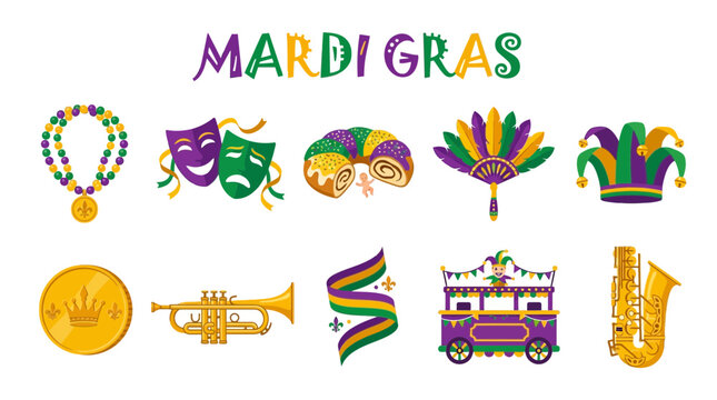 Mardi Gras Celebration Elements Set: Beads Masks Hats and Festive Decorations.