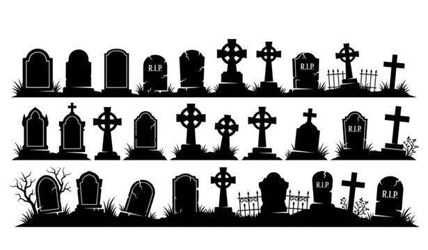 Black graveyard tombstone and cemetery silhouette vector illustration set