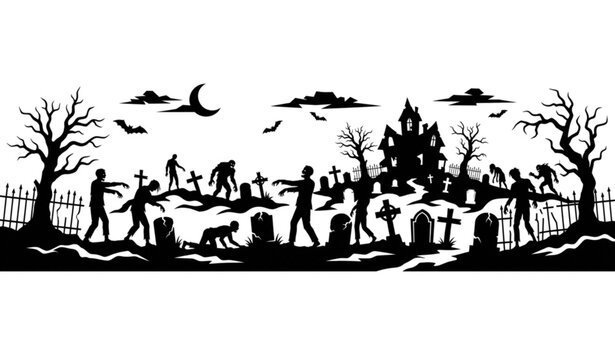 Zombie graveyard cemetery silhouette Halloween vector illustration panorama