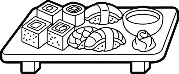 Japanese Sushi Platter Line Art: Maki Rolls, Nigiri, Wasabi, and Soy Sauce Dish © Sugar