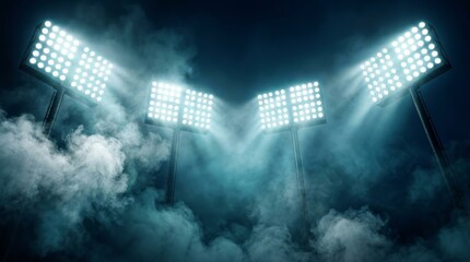 Naklejka premium Bright stadium lights piercing through thick smoke and fog in a dark arena.