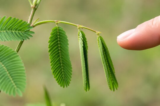 Mimosa leaves closing upon touch, capturing sequential movement with soft light.