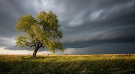 Fototapeta premium Dramatic dark storm clouds gathering behind a solitary willow tree in an open field