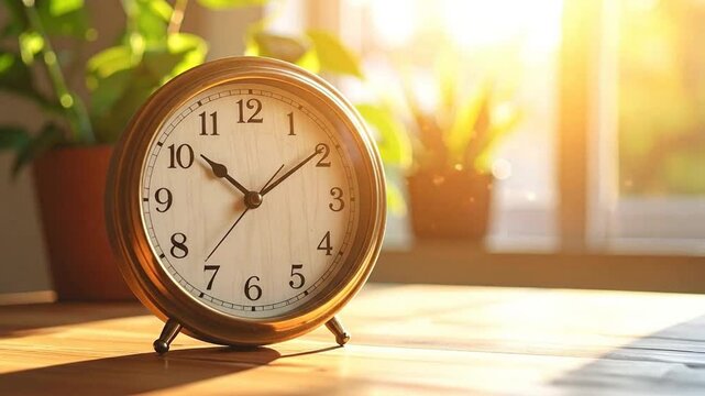 A classic analog clock sits on a wooden table at sunrise