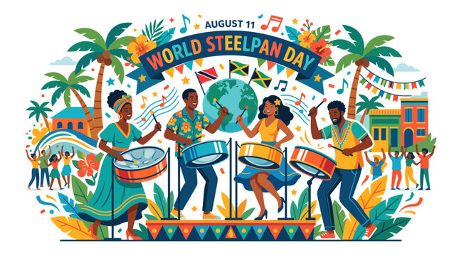 Vibrant Caribbean musicians celebrate World Steelpan Day playing percu
