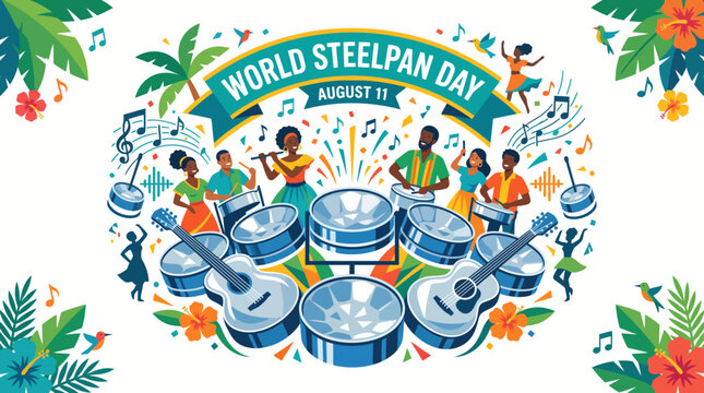 Vibrant vector illustration celebrating World Steelpan Day featuring m