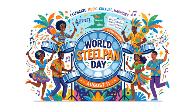 Vibrant Caribbean musicians celebrating World Steelpan Day in colorful