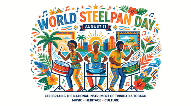 Colorful Caribbean musicians playing steel drums for World Steelpan Da