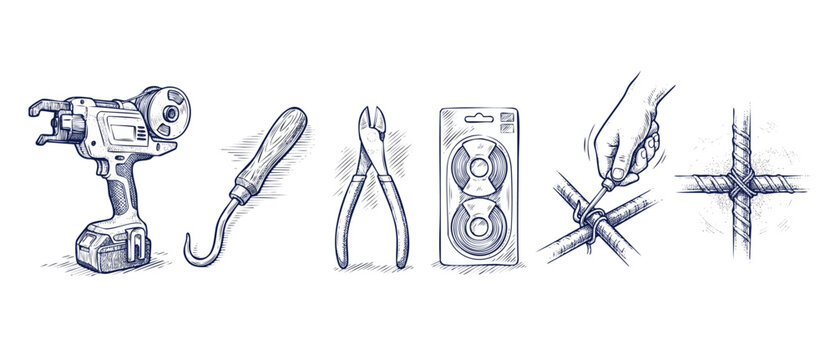 Rebar tying tools construction set featuring automatic tying machine, manual ironworker hook, wire coils, and pliers for concrete reinforcement wire binding. Hand drawn engraving illustration vector.