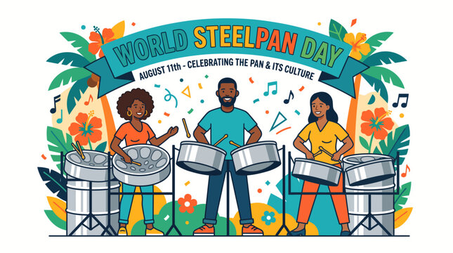 Colorful vector illustration of musicians playing steel drums celebrat