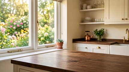 Fototapeta premium Blurred background of a bright modern country kitchen highlights a pristine dark walnut countertop as a vibrant spring garden sits outside.